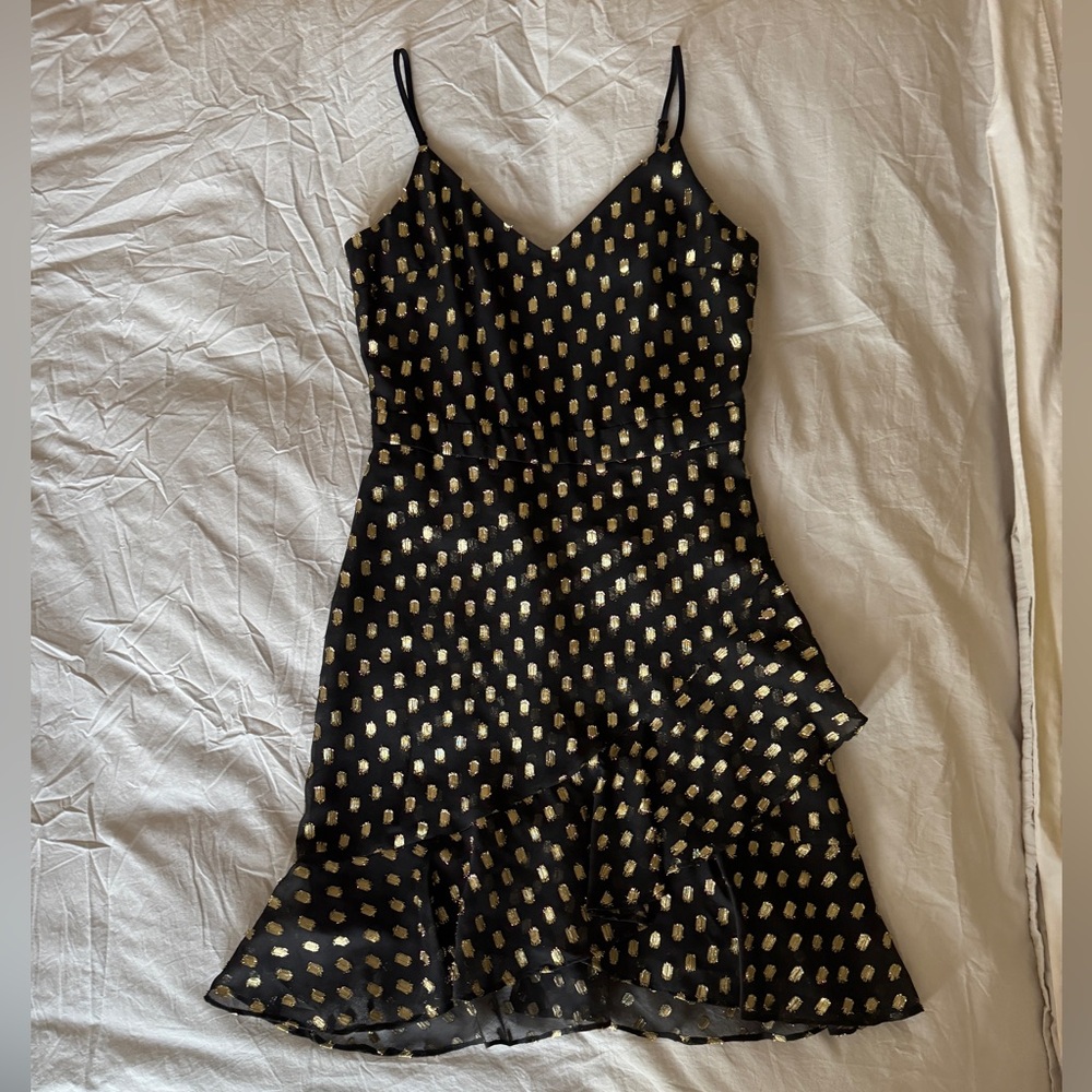 Banana Republic Strappy Ruffle Metallic Gold Dot Dress